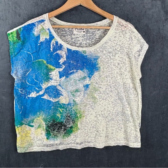 Mambo Australia Women’s Cream/Blue Short Sleeve Burnout Boxy Top Sz Large - Picture 1 of 8